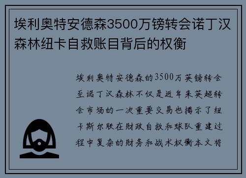 埃利奥特安德森3500万镑转会诺丁汉森林纽卡自救账目背后的权衡